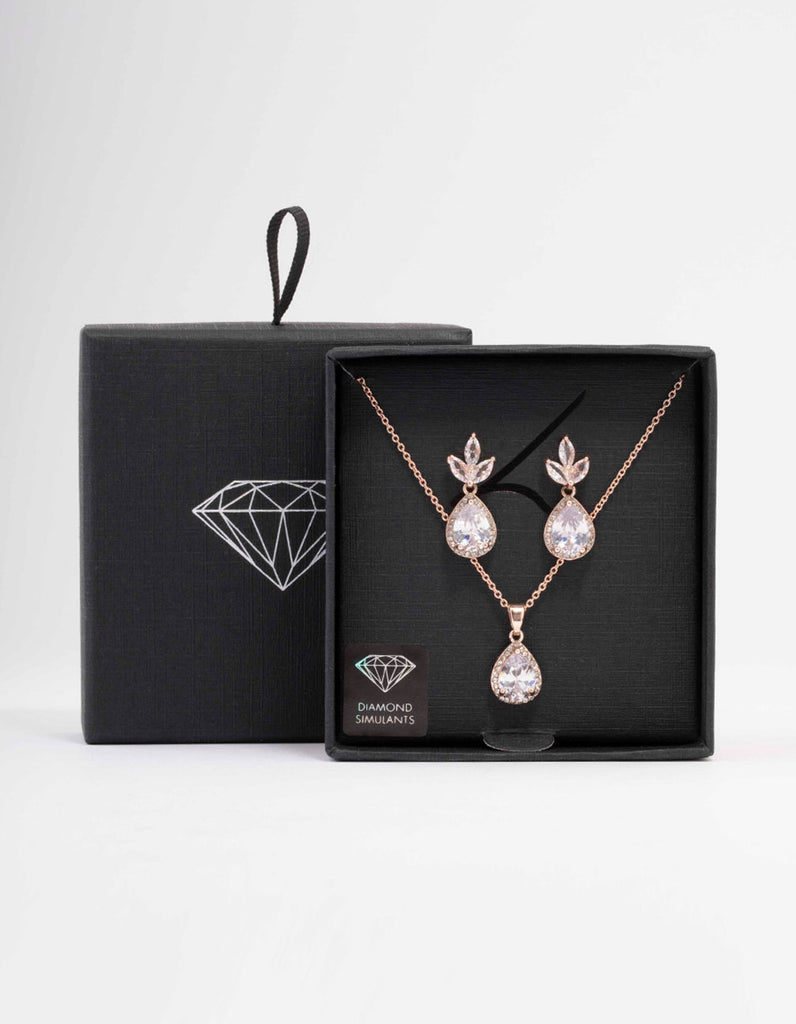 Rose Gold Leaf Pear Halo Necklace Drop Earring Set Lovisa