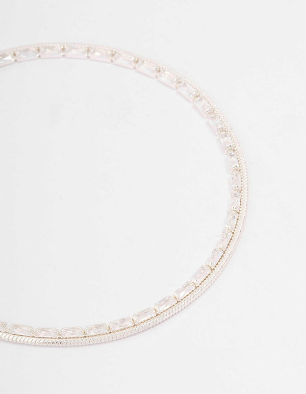 Silver Plated Cubic Zirconia Dainty Baguette Layered Bracelet