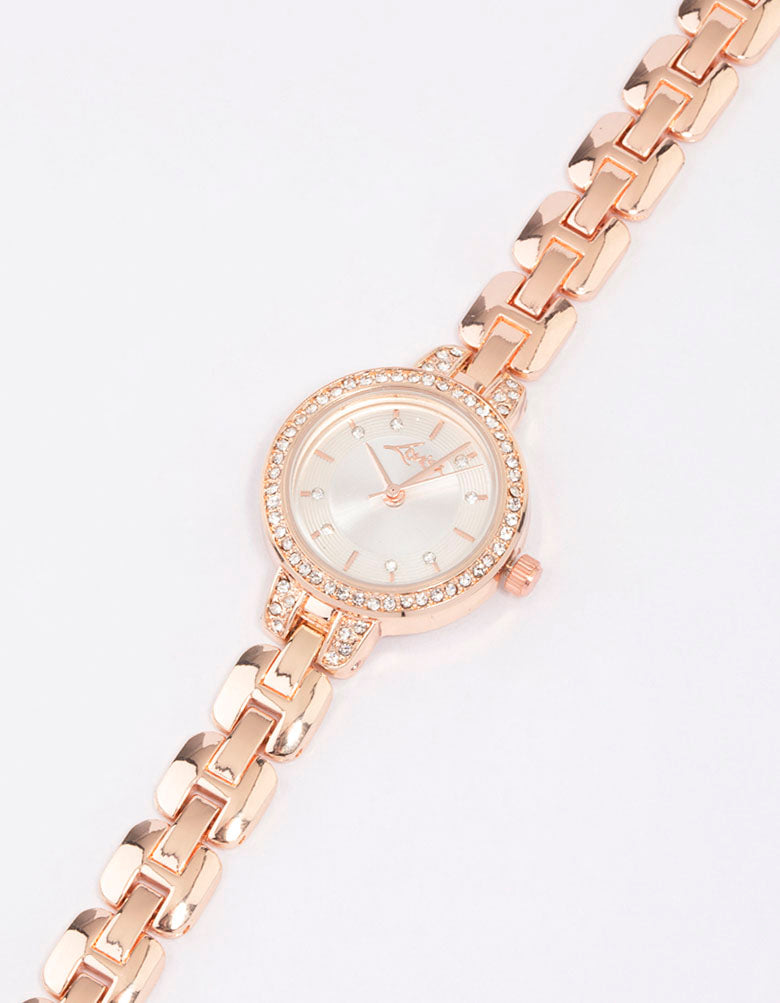 Rose Gold Diamante Small Round Strap Watch Lovisa