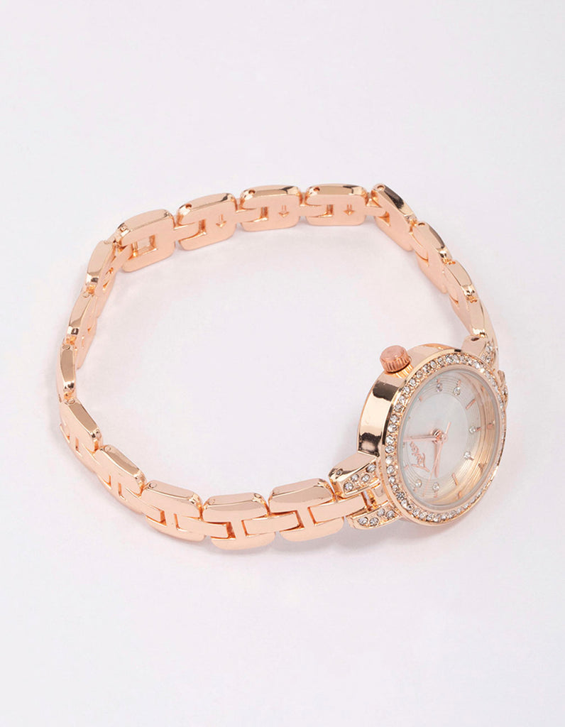 Rose Gold Diamante Small Round Strap Watch Lovisa