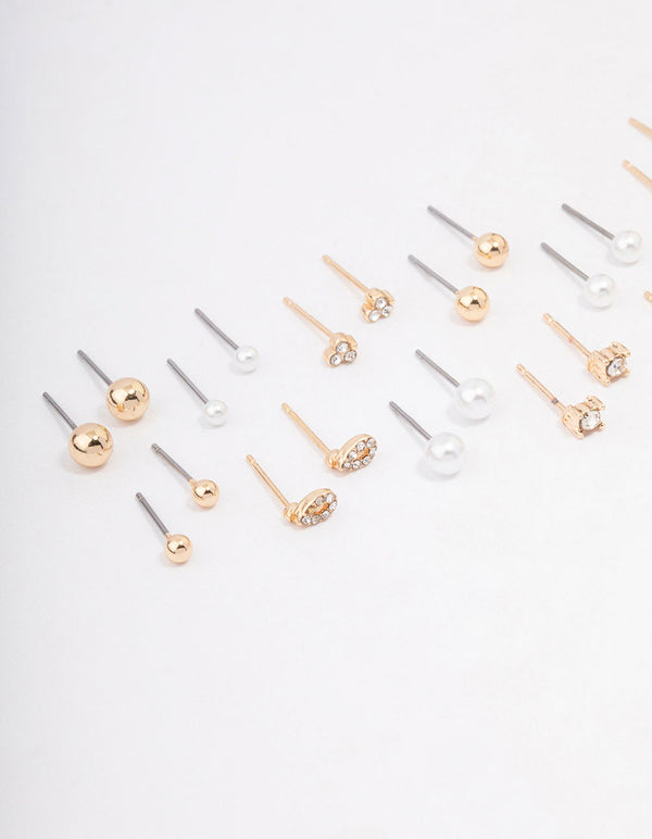 Gold Classic Pearl & Diamante Stud Earring 12-Pack