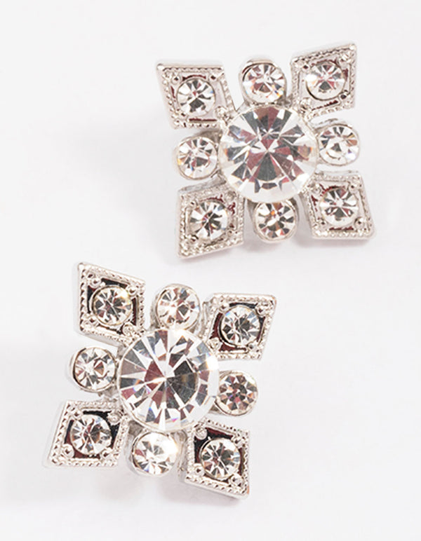 Silver Diamante Square Stud Earrings