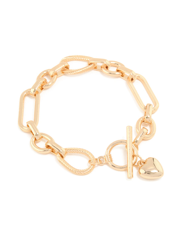 Gold Multi Link Heart T&O Chain Bracelet