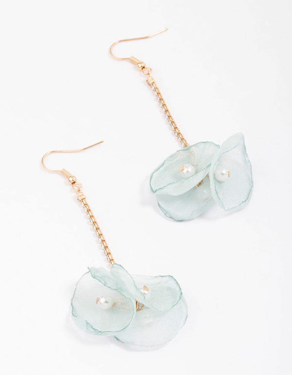 Gold & Blue Cup Chain Flower Pearl Drop Earrings