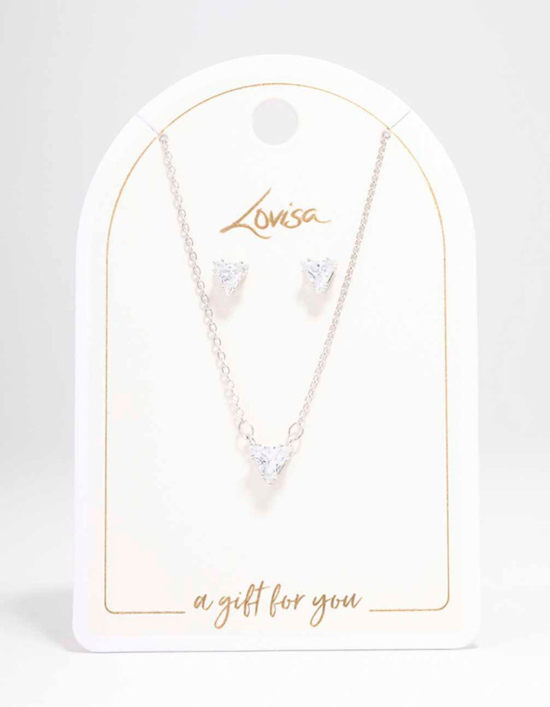 Silver Triangular Diamante Necklace Earring Jewellery Set