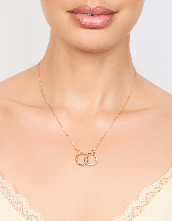 Gold Diamante Double Circle Link Pendant Necklace