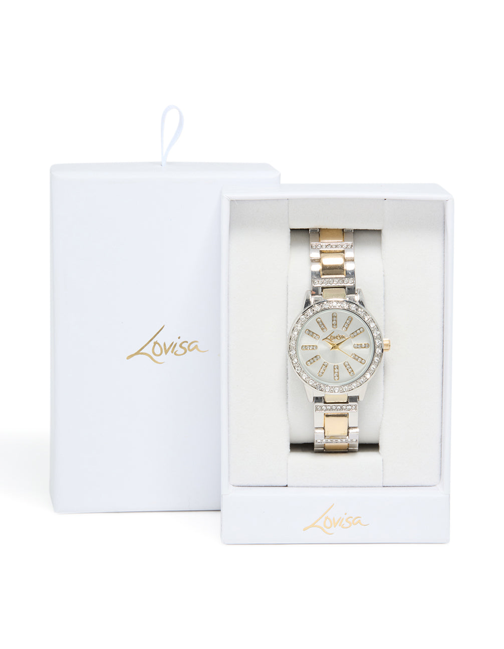 Featuring women's watch with clear stone dial, round shape, formal styling, multi-color link band strap, and gold analog accessory case detail view