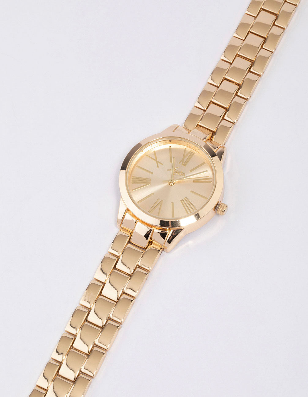 Elegant large Roman numeral watch with gold tone dial, round shape, formal occasion styling, analog type, link-band strap, and women's design in gold watch face detail view