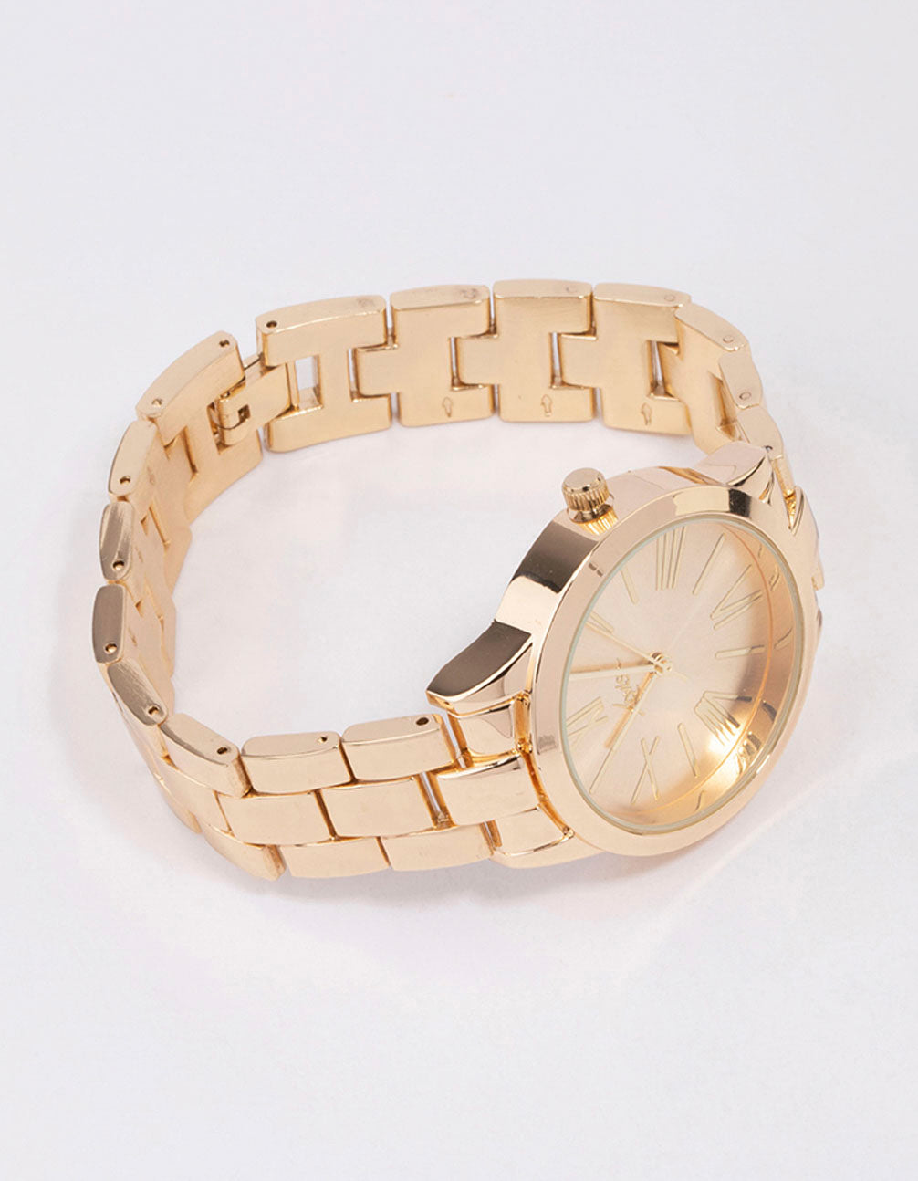 Stunning large Roman numeral watch featuring gold tone dial, round shape, formal occasion styling, analog type, link-band strap, and women's design in gold on front