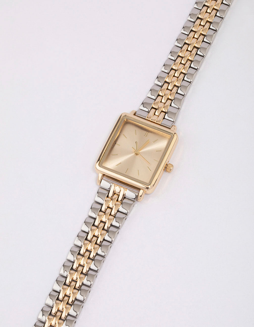 Featuring a gold and silver two-toned square watch with gold dial, formal occasion design, women's link band, multi-color strap, and analog type front view