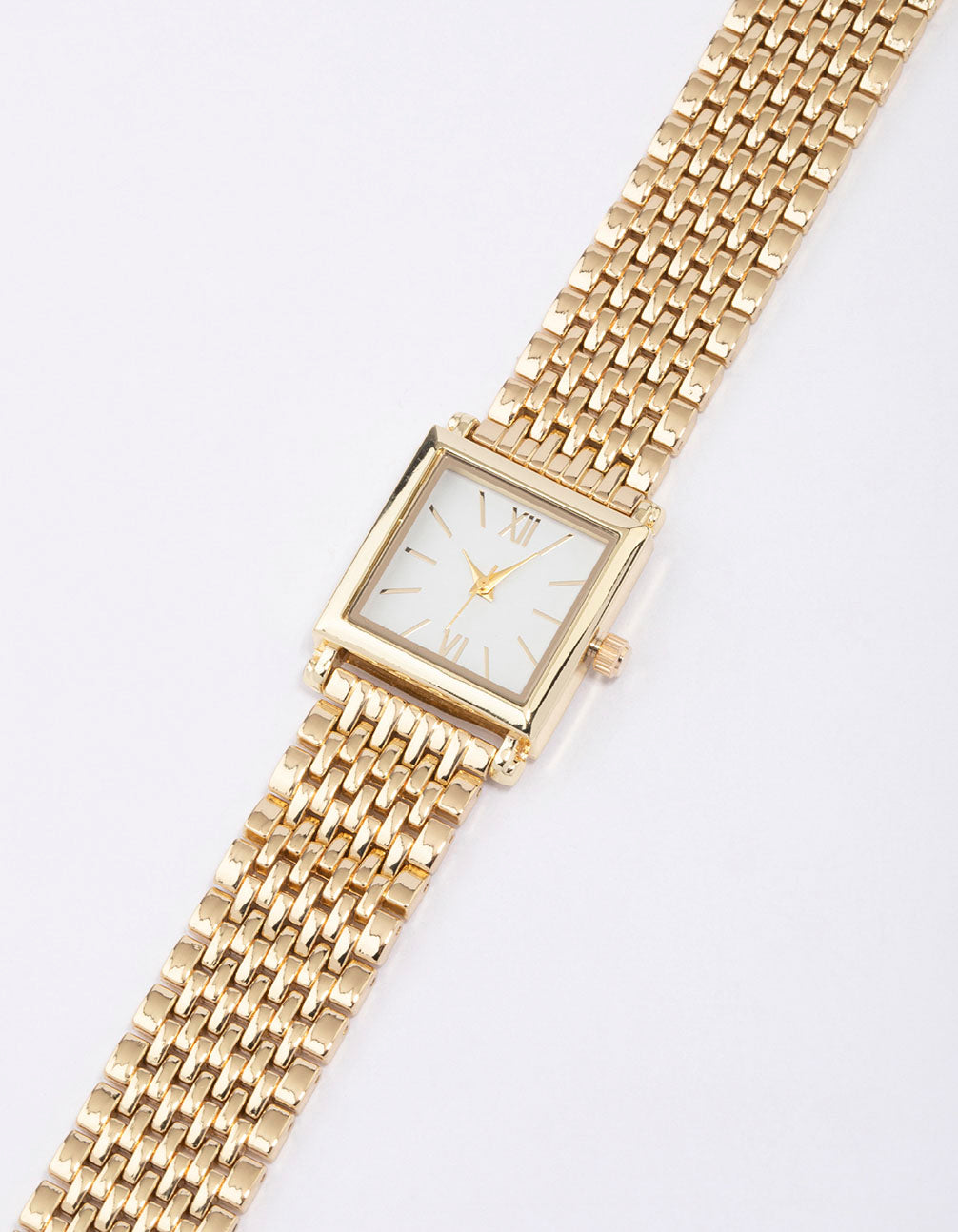 Showcasing a women's formal analog watch with white dial featuring roman numerals and square shape paired with link-band strap in gold watch face detail view