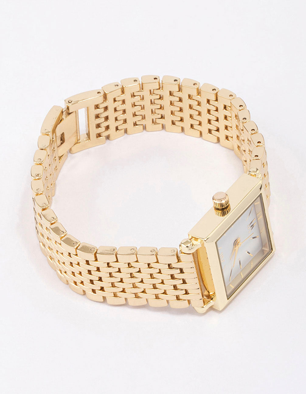 Elegant women's formal analog watch with white dial featuring roman numerals and square shape paired with link-band strap in gold front view