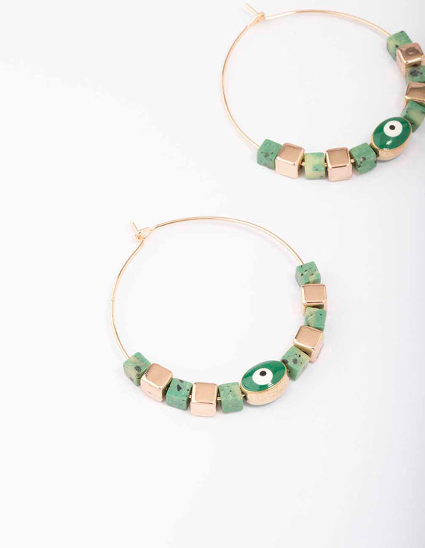 Gold & Green Beaded Evil Eye Hoop Earrings