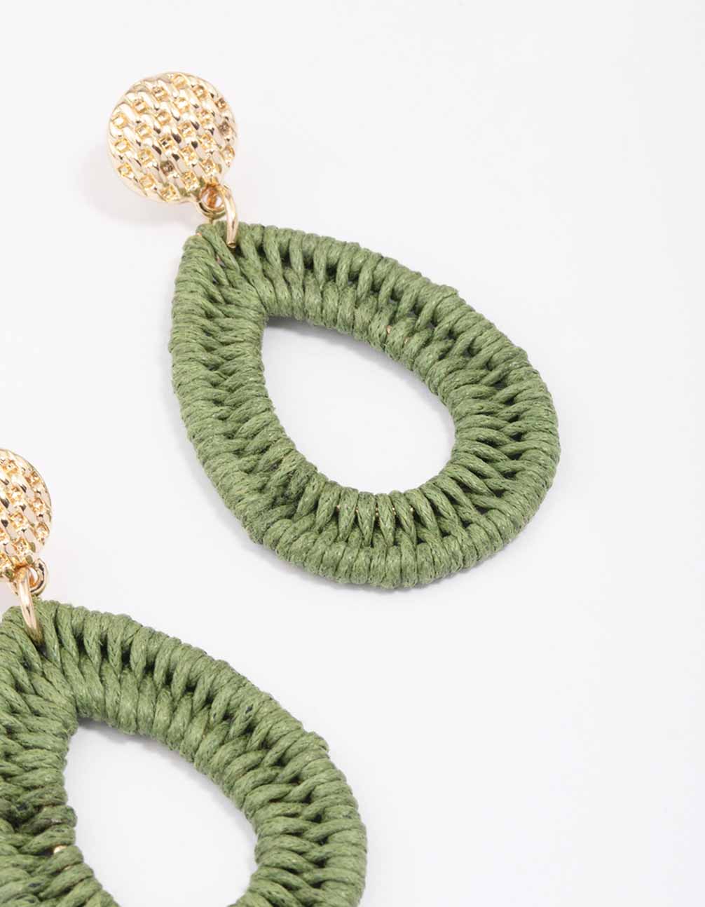 Gold & Green Oval Raffia Stud Drop Earrings