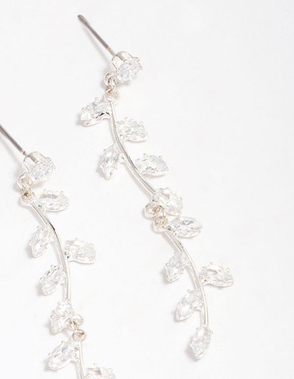 Silver Plated Long Swirling Cubic Zirconia Vine Drop Earrings