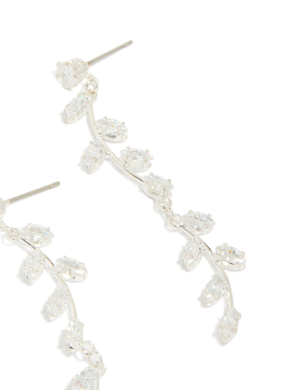 Silver Plated Long Swirling Cubic Zirconia Vine Drop Earrings