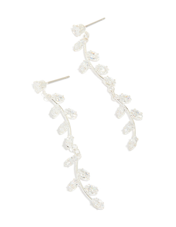 Silver Plated Long Swirling Cubic Zirconia Vine Drop Earrings