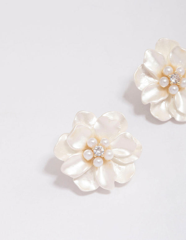 Gold Plated White Flower Cubic Zirconia Stud Earrings