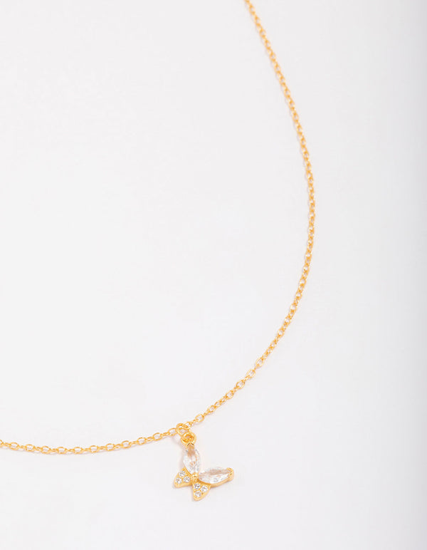 Gold Plated Sterling Silver Cubic Zirconia Butterfly & Angel Pendant Necklace
