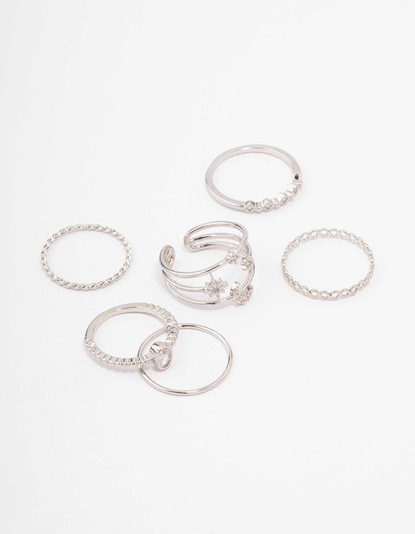 Silver Cubic Zirconia Moon & Stars Rings 5-Pack