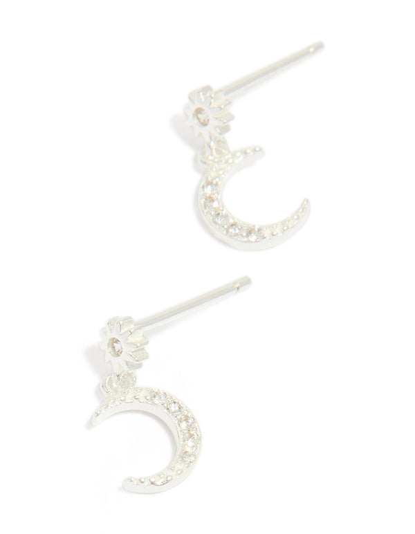 Beautifully crafted sterling silver cubic zirconia drop stud earrings featuring celestial moon design in dainty style front view