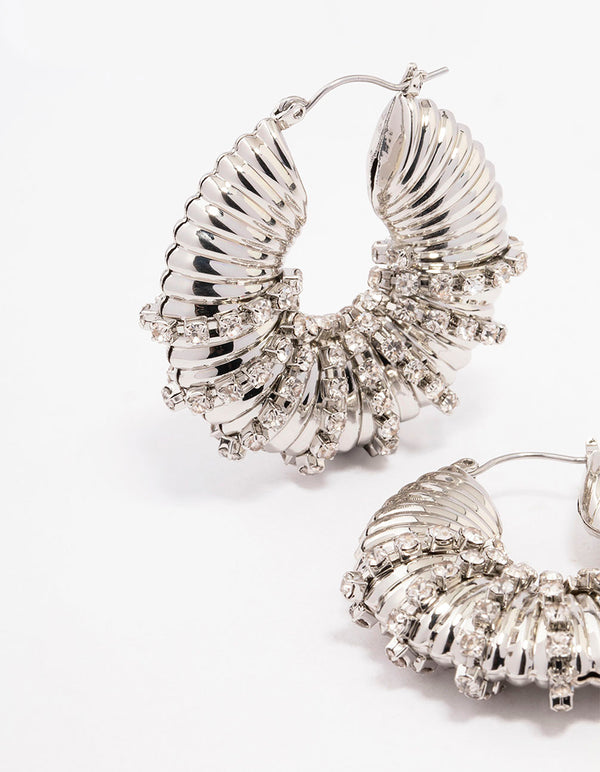 Silver Diamante Wrapped Chubby Hoop Earrings