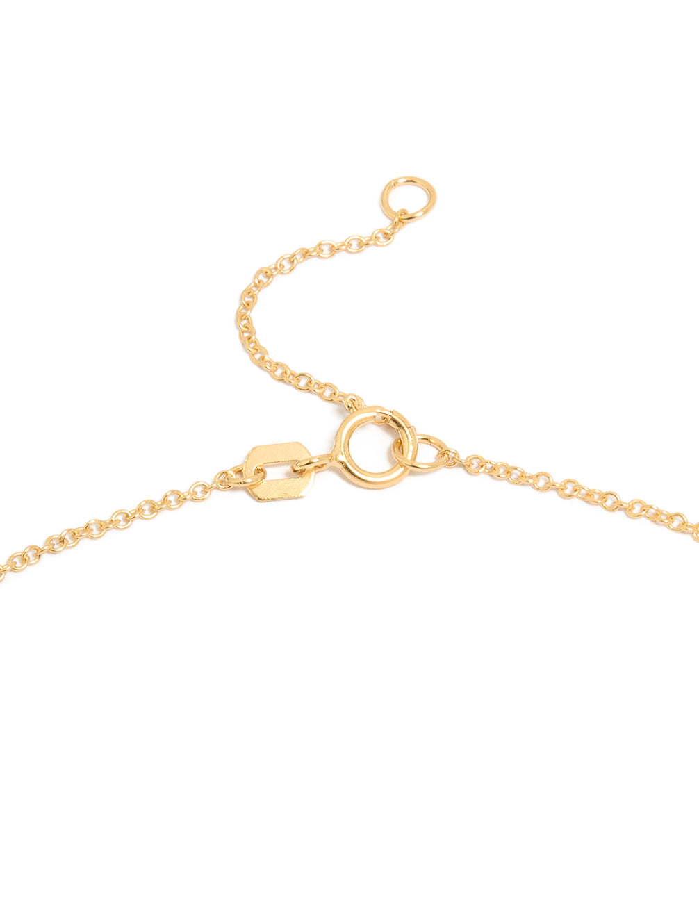 Delicate gold plated sterling silver curved cubic zirconia pendant necklace featuring spring ring clasp detail view