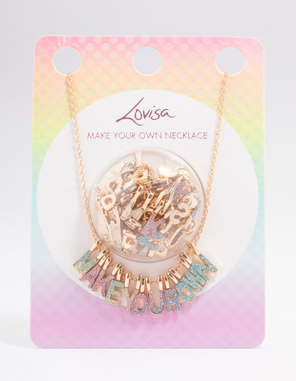 Presenting a kids gold make your own DIY rainbow glitter charm necklace kit with initials in pink aqua and lavender front view