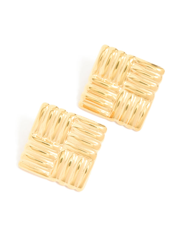 Crafted from waterproof gold plated stainless steel square ribbed stud earrings in statement style front view