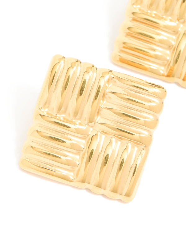 Designed with waterproof gold plated stainless steel square ribbed stud earrings in statement finish close up view