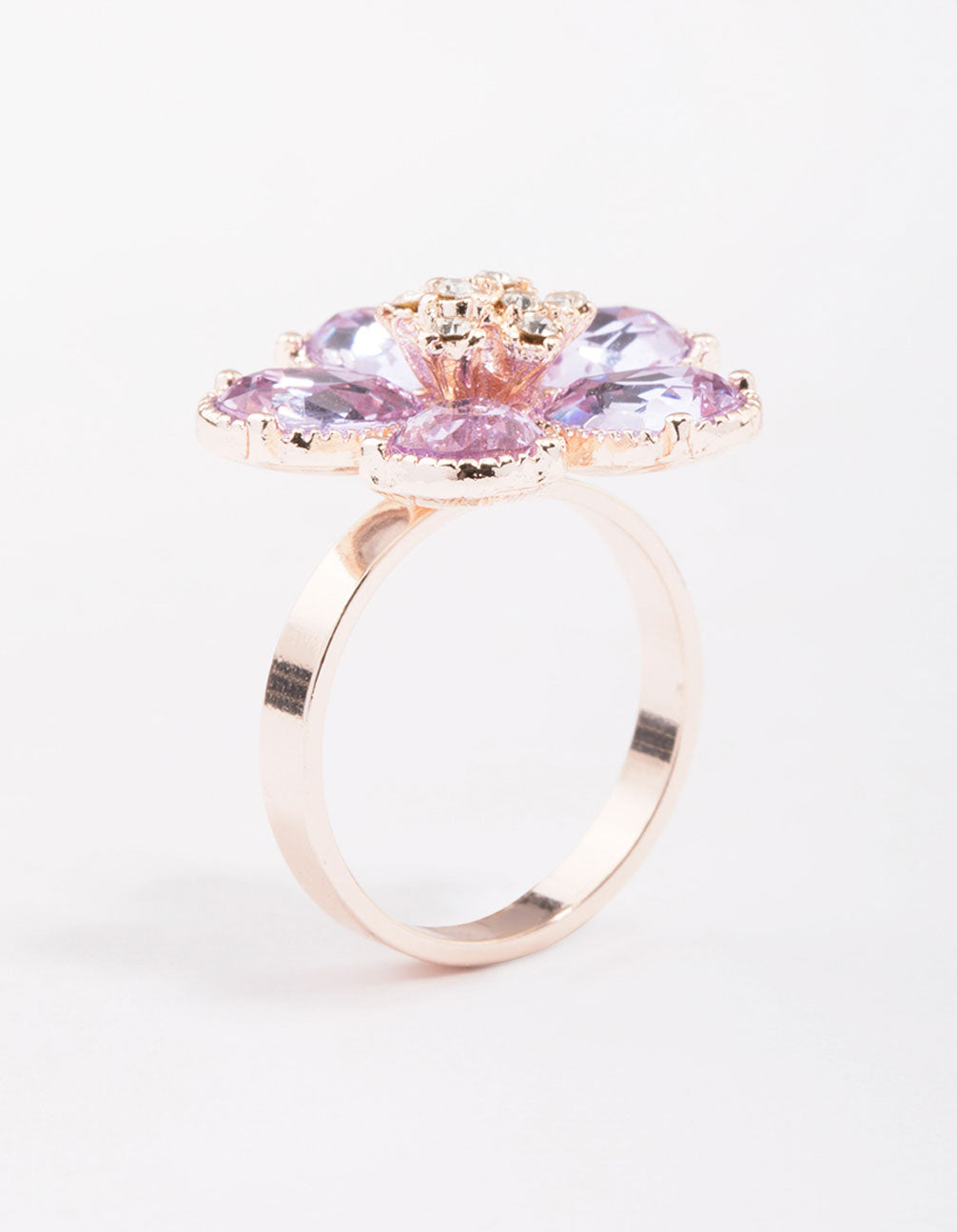 Stunning rose gold lilac flower petal ring front view