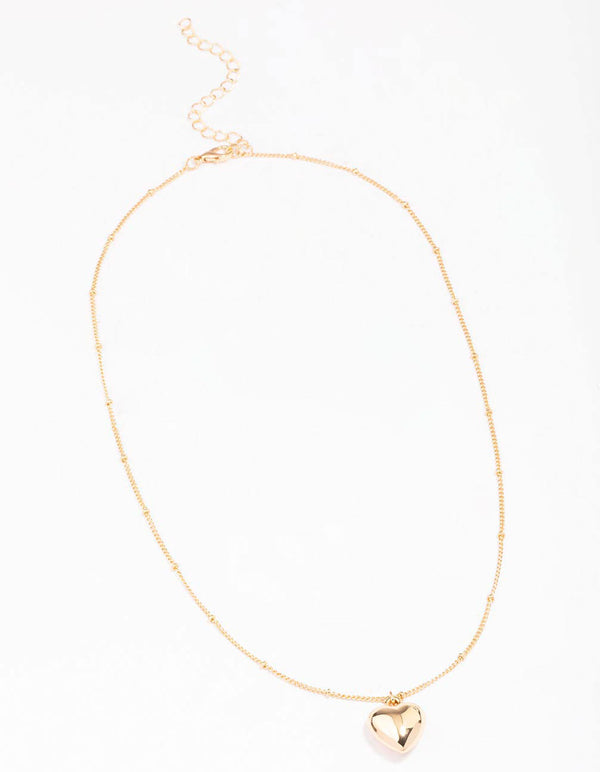 Gold Puffy Heart Ball Chain Pendant Necklace