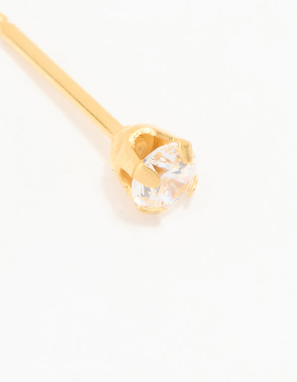 Highlighting cubic zirconia surgical stainless steel 3MM piercing stud with 24K gold plated close up view