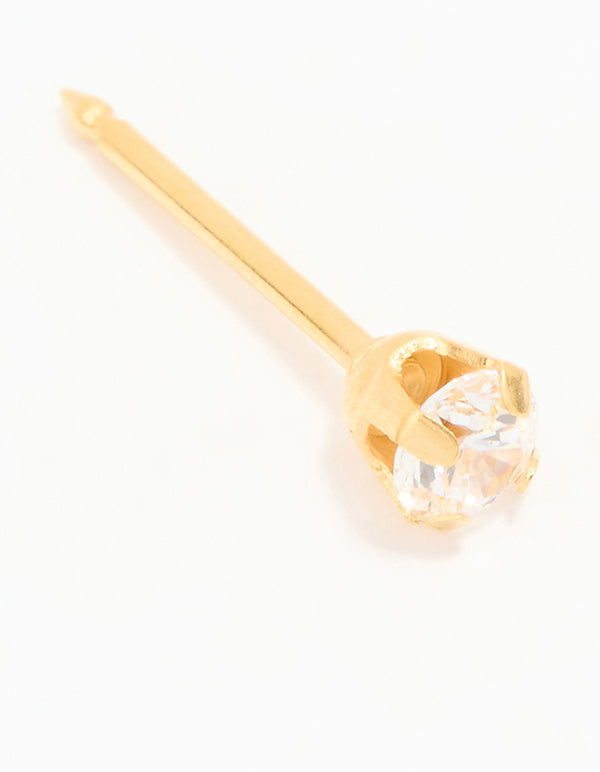Showcasing cubic zirconia surgical stainless steel 3MM piercing stud with 24K gold plated finish front view