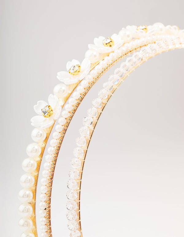 Gold Crystal Pearl Flower Headband 3-Pack