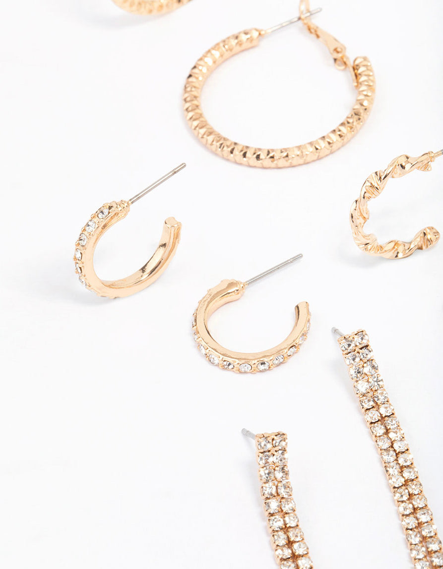 Gold Mixed Diamante Stud Earring 6-Pack