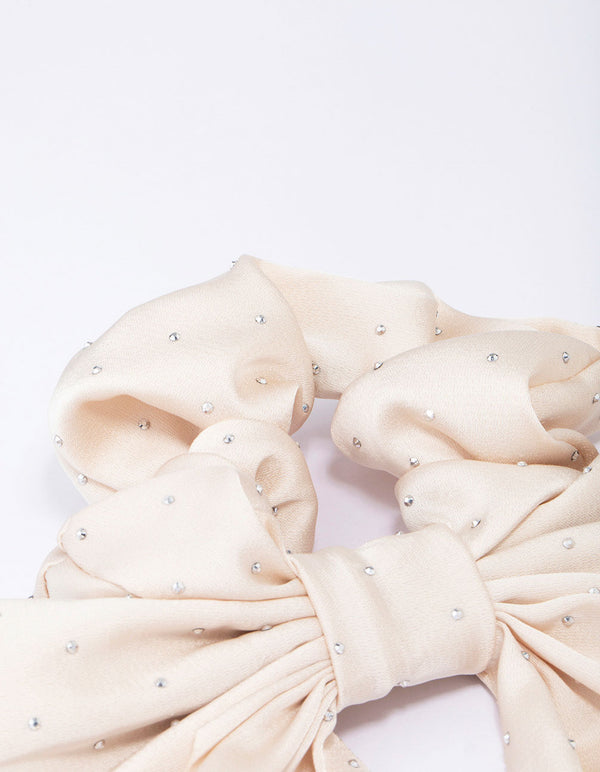 Neutral Fabric Bow Diamante Studded Scrunchie