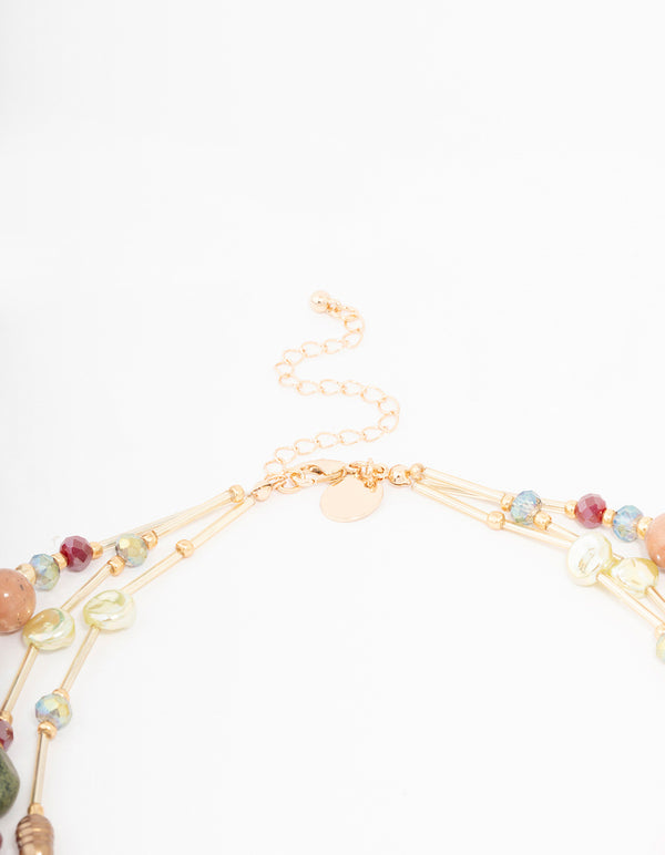 Gold Beaded Mixed Stone Layered Necklace