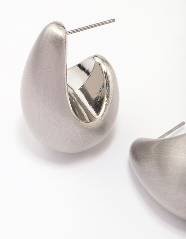 Silver Midi Matte Pear Hoop Earrings