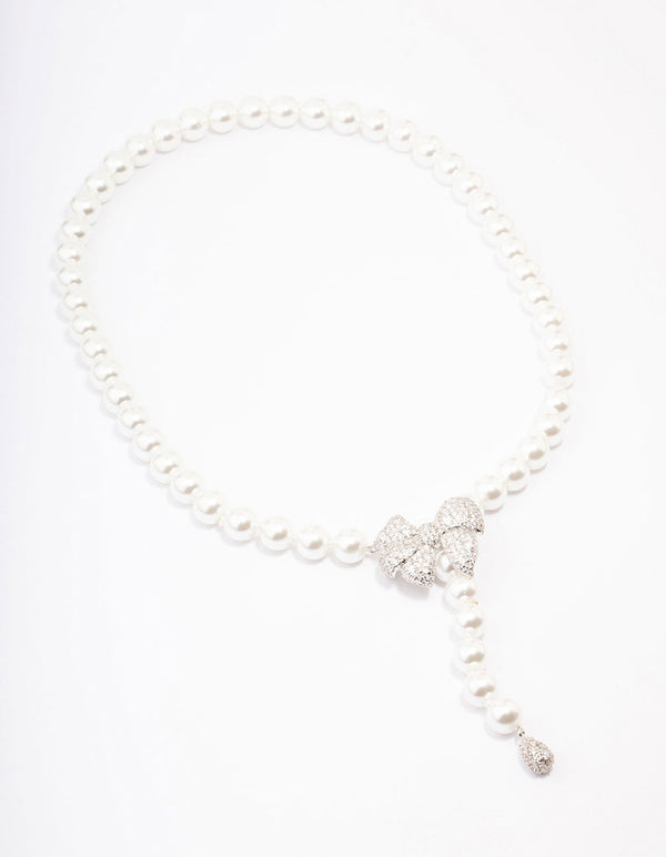 Silver Cubic Zirconia Pearl Y-Shape Necklace