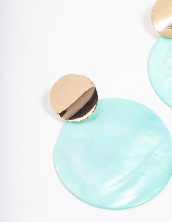 Gold Blue Genuine Shell Circle Drop Earrings