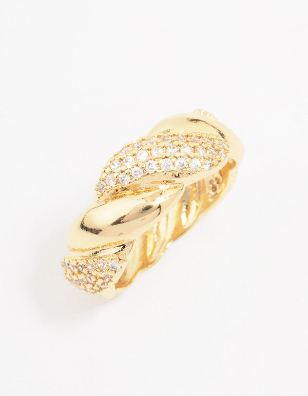 Showcasing a gold plated cubic zirconia braided ring side detail view
