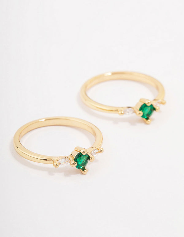 Showcasing gold plated dainty trio ring pack with emerald cut cubic zirconia stones front view
