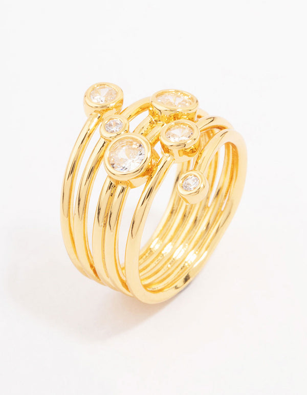 Elegant gold plated bezel layered coil ring with cubic zirconia front view