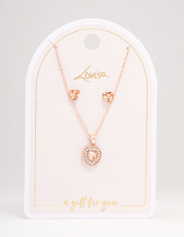 Rose Gold Heart Diamante Halo Jewellery Set
