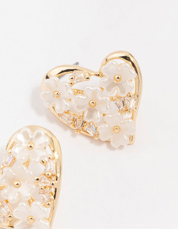 Gold Cubic Zirconia Flower Heart Stud Earrings