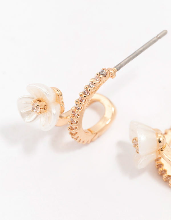 Gold Cubic Zirconia Flower Double Hoop Earrings
