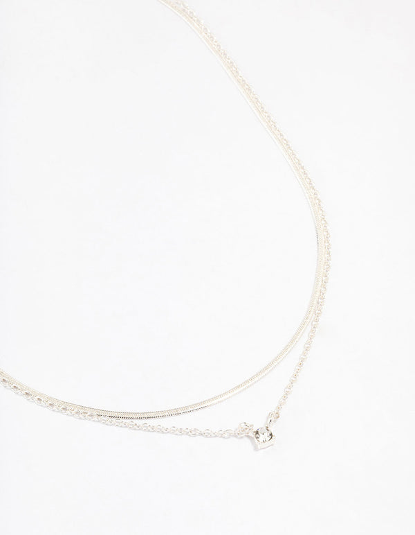 Silver Double Diamante Slinky Chain Layered Necklace