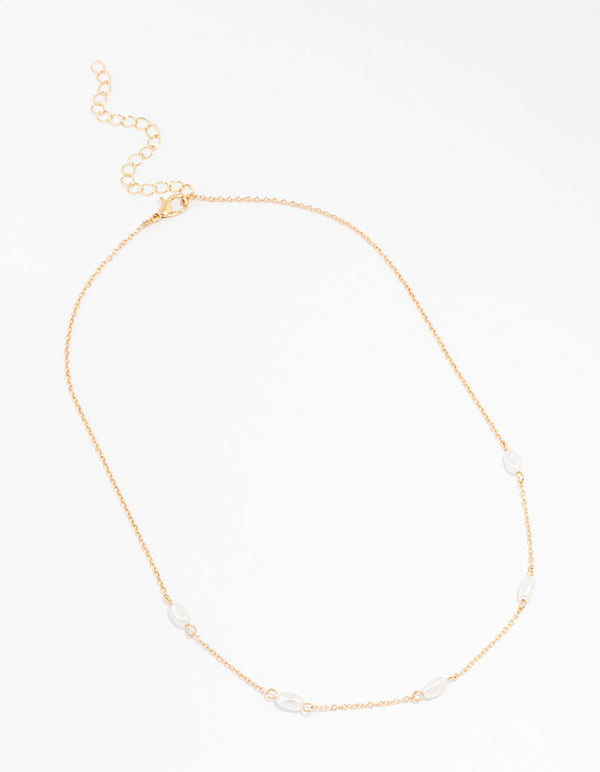 Gold Oval Pearl Station Necklace