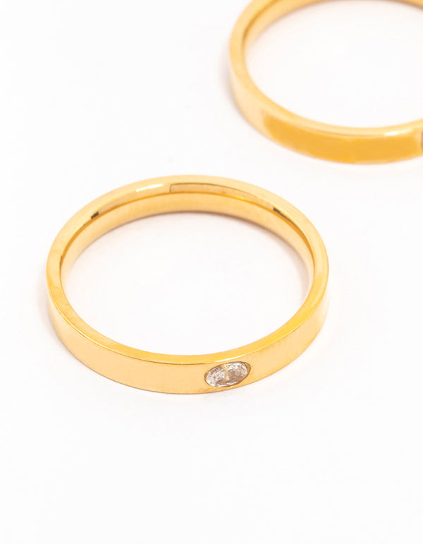 Showcasing waterproof gold plated stainless steel cubic zirconia stacking rings in a 3-pack close up view